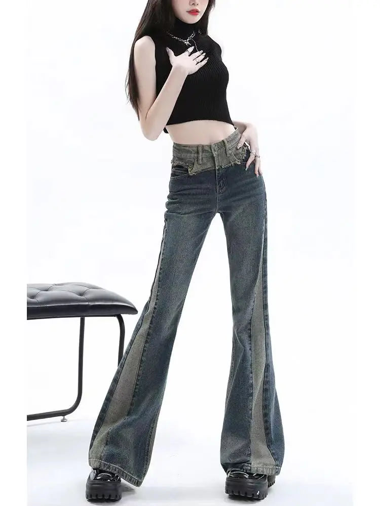 American High Street Spicy Girls Low Waist Jeans Women Autumn Vintage Y2k Design Sense Slim Fit Straight Tube Micro Flare Pants voguable
