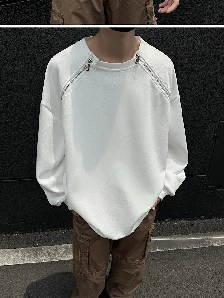2025 Spring Men Sweatshirts Metal Zipper Solid Color Casual O Neck Fashion Oversize Streetwear Hip Hop Male White/Black voguable