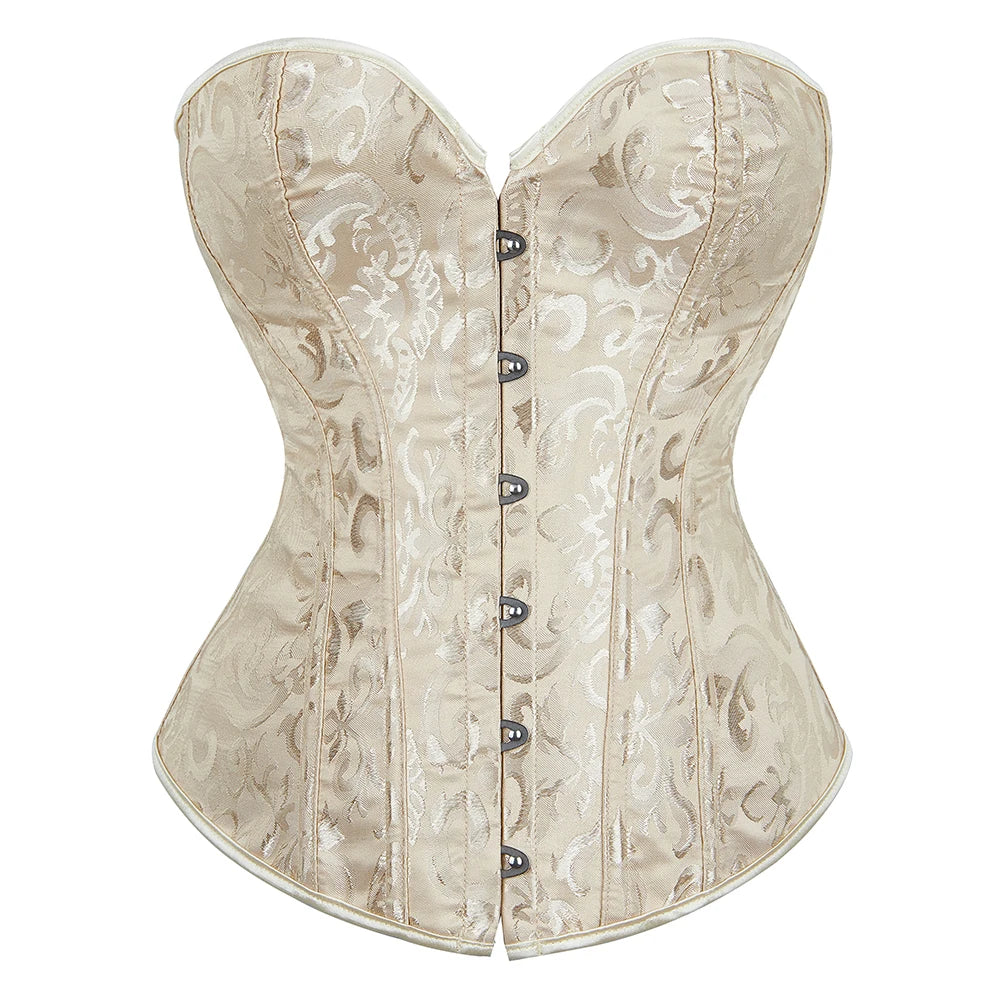 Voguable Overbust Corset Jacquard Floral Black White Pink Blue Korset Fish Boned Gothic Bustier Top Front Busk Clothing Gorset voguable