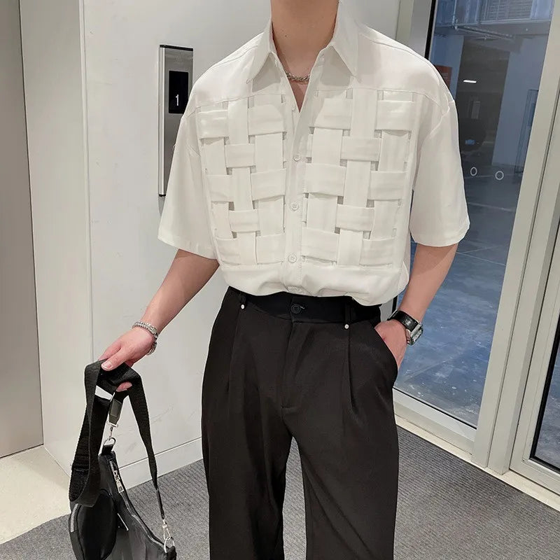 Summer Clothing Men's Light Luxury Draped Knit Shirts Retro Leisure Chic Button-down Short Sleeve Korean Popular Clothes voguable