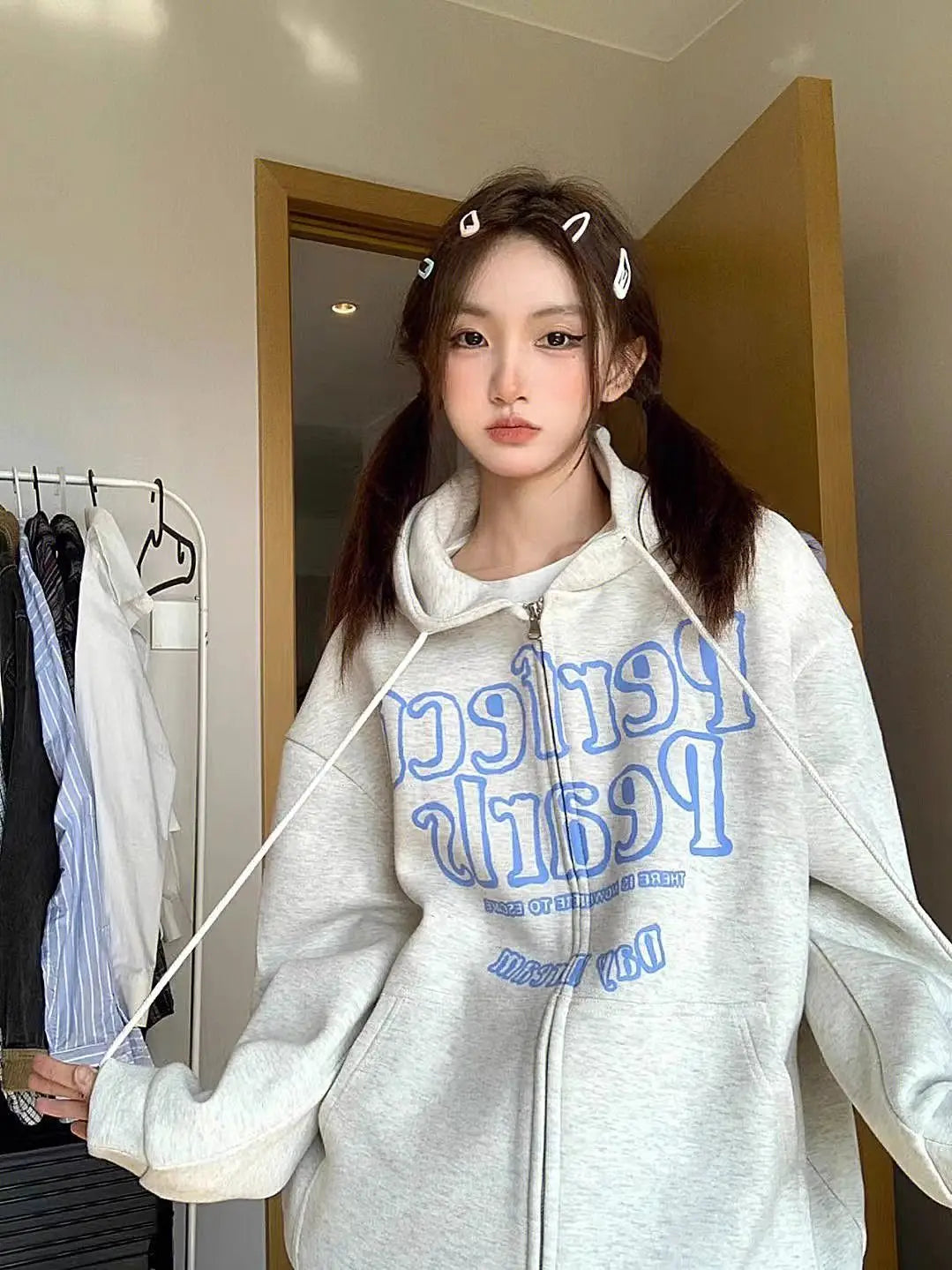 Voguable American Vintage Hip Hop Graphic Simple Gray Hoodies Jackets Autumn Winter Zip Up Sweatshirt Men Women Loose Oversized Harajuku voguable