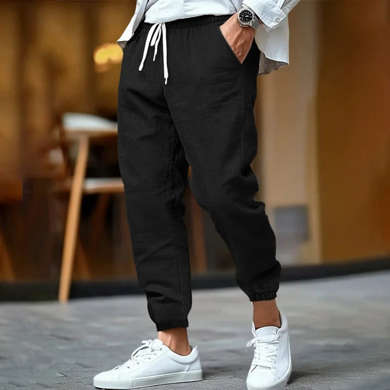 Voguable  Men's Cotton Linen Jogger Pants Spring Summer Elastic Waist Straight Fit Mid Rise Solid Color Breathable Tapered Trousers voguable