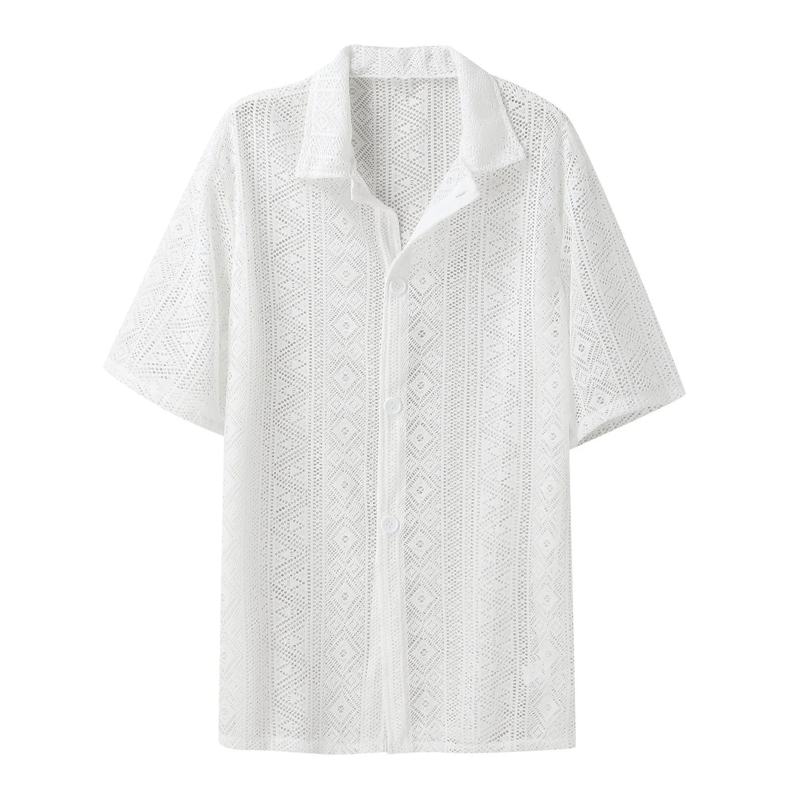 Summer Men's Clothing Mesh See Through Mesh Sexy Shirt Short Sleeve Fishnet Button-down Retro Chic Streetwear Party Blouse S-5XL voguable