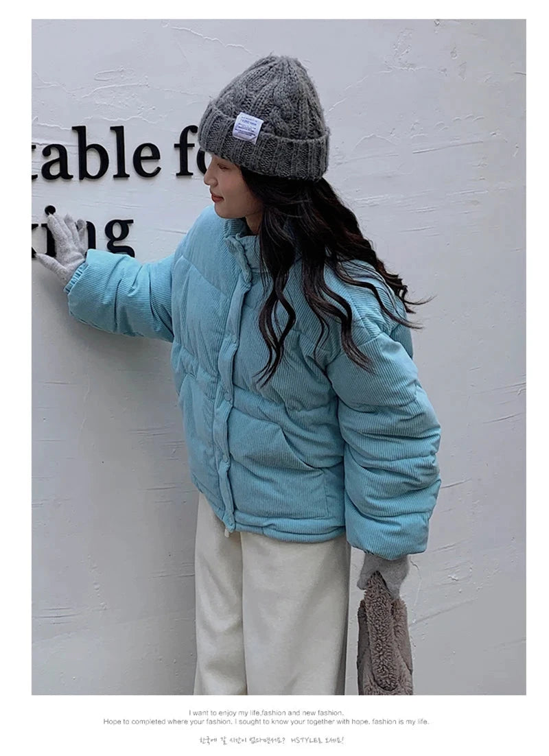 Women Sweet Corduroy Parkas Warm Long Sleeve Retro Stand Collar Cotton Coat Winter Thick Casual Preppy Style Korean Jacket voguable
