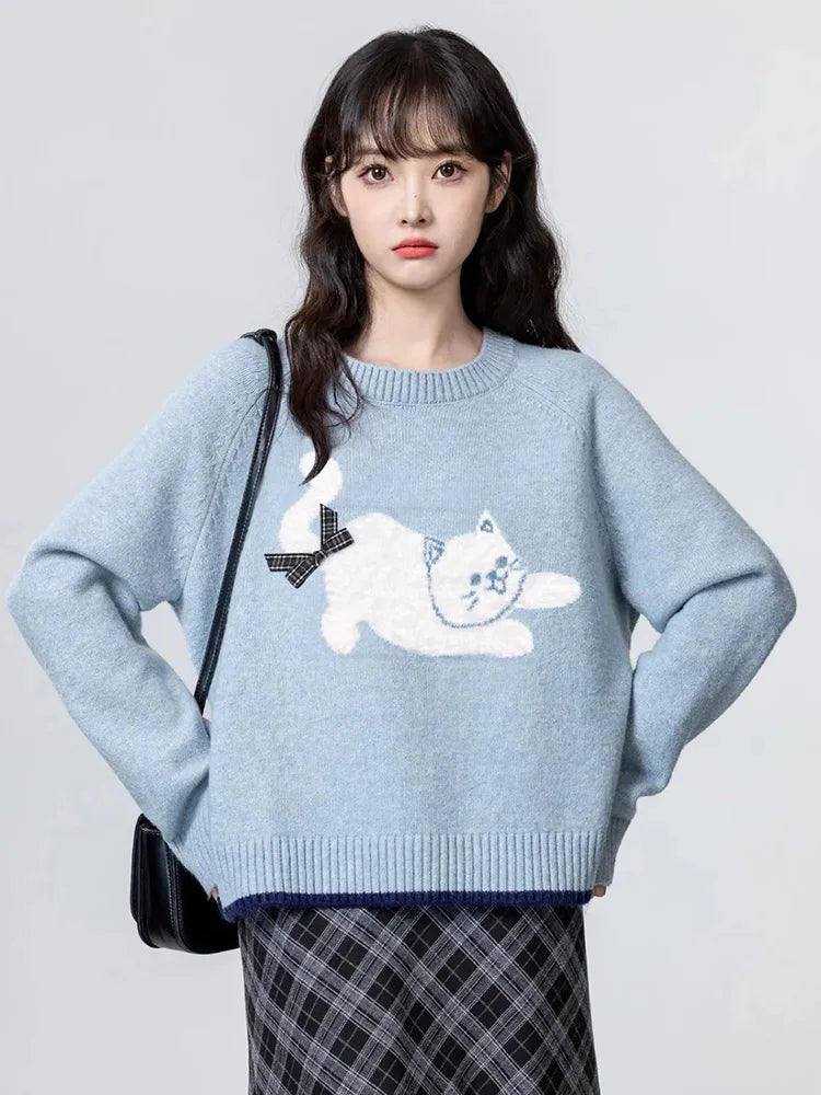 Cartoon Cat Print Kawaii Sweaters Women Sweet Bow Long Sleeve Cute Knitted Jumper Vintage Japan O Neck Casual Loose Pullovers voguable