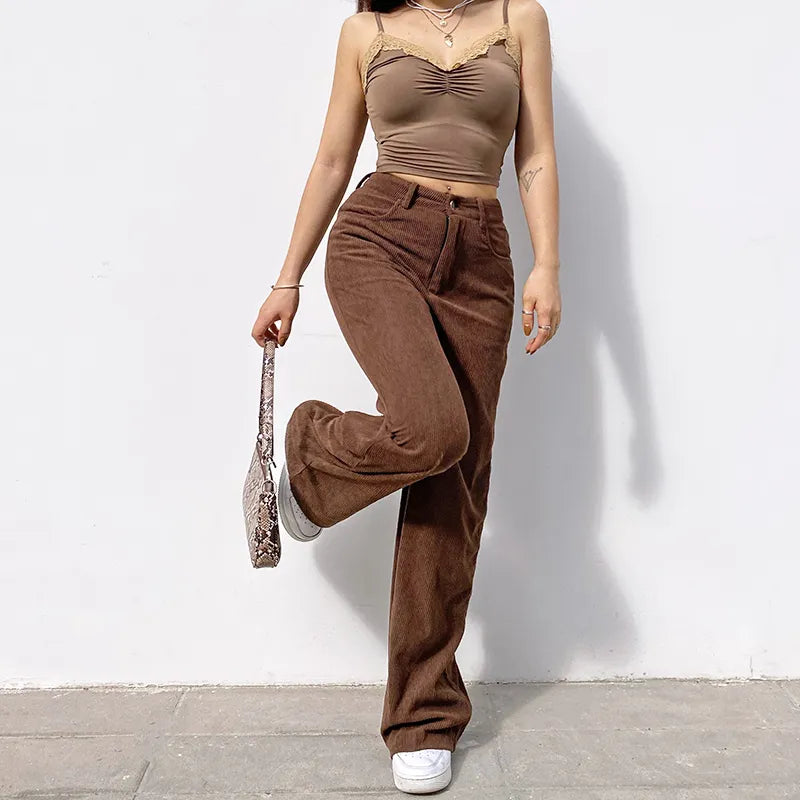 Women High Waist Wide Leg Pants Vintage Corduroy Baggy Trousers Brown Joggers Pants E Girl 90s Aesthetic Girl Sweatpants voguable