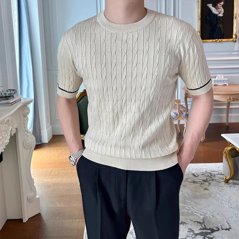 Summer Men's Clothing Luxury Knit O Neck Short-sleeved T Shirt Solid Color Leisure Korean Popular Streetwear Retro Knitwear voguable