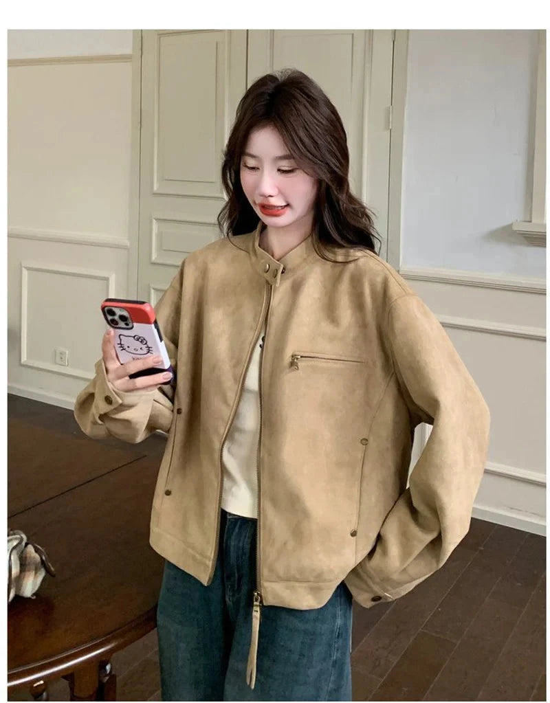 Women Faux Suede Y2K Jacket Streetwear Loose Long Sleeve Vintage Coat American Casual Harajuku Retro Stand Collar Fall Tops voguable