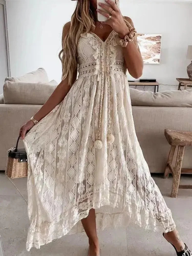 Voguable  Fashion Vacation Beach Solid Color V-neck Lace Irregular Long Lace Camisole Dresses Summer Casual Hollow Backless Women's Dress voguable