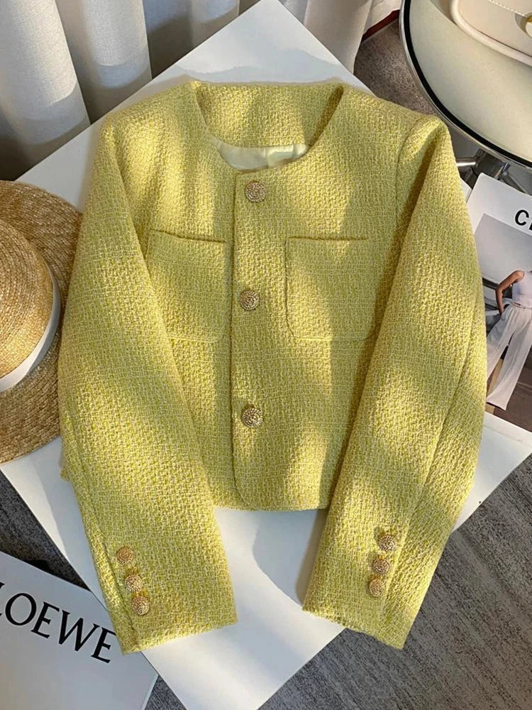 Yellow Sweet Tweed Jacket Women Elegant Retro Slim Long Sleeve Short Coat Korean O Neck Casual Fall Female Vintage Outwear voguable