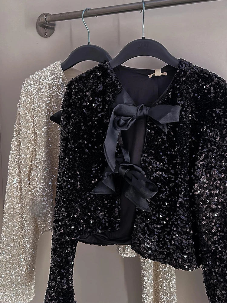 Fashion Holiday Tie-front Sequined Jacket For Women Y2K Shiny Chic Cropped Coat Female Elegant Long Sleeve Lady Party Outerwear voguable