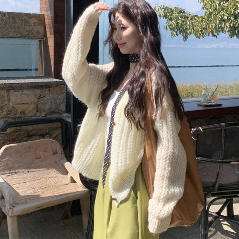 Open Knit Cardigan for Women Long Sleeve V-neck Button Up Sweater Jacket Autumn Winter Ladies Slouchy Casual Outfit voguable
