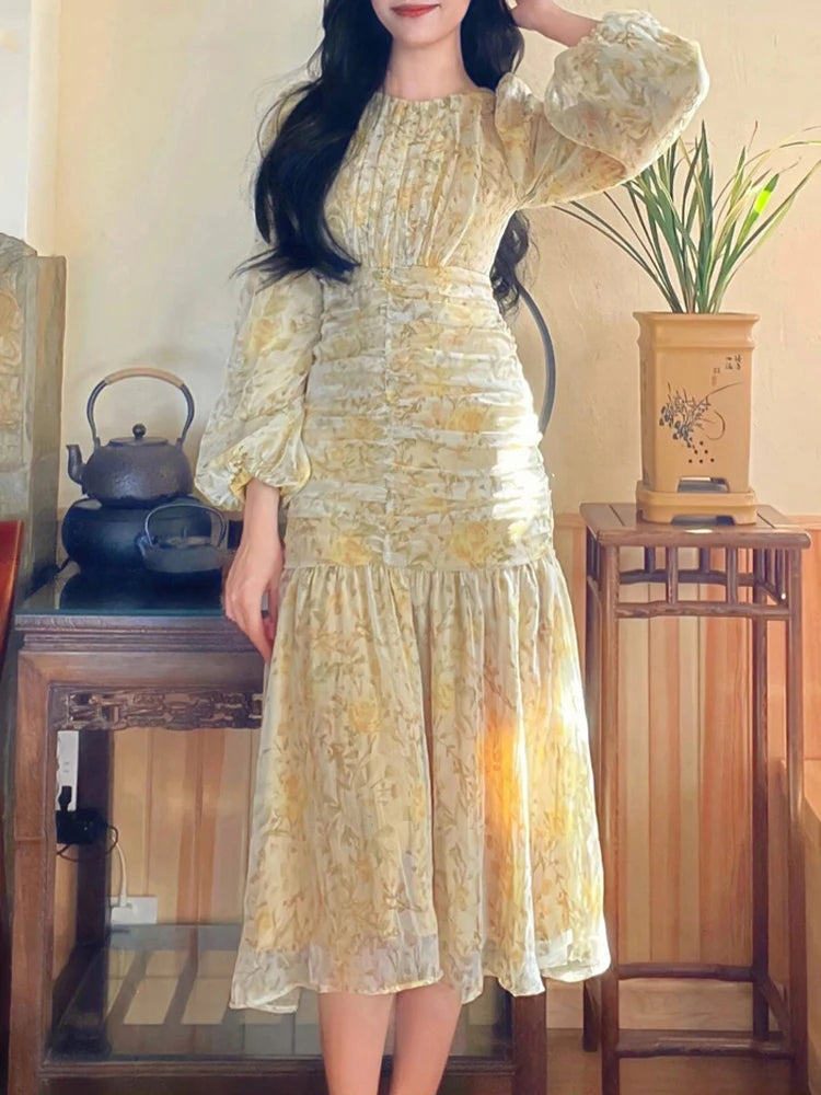 Voguable  Elegant Printed Dress for Women O Neck Long Puff Sleeve High Waisted Midi Dresses Fashion Casual Chic Chiffon Dress voguable