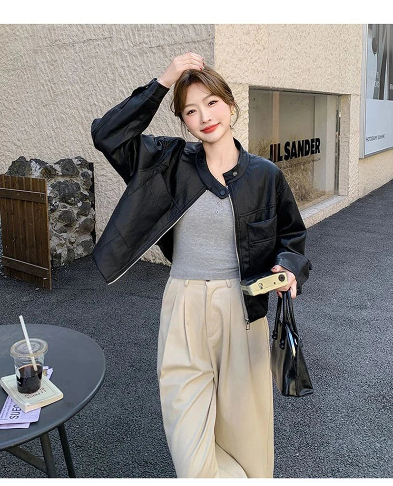 Sweet Biker Pu Jacket Women Vintage Preppy Style Big Pockets Short Coat Casual Korean Long Sleeve Retro O Neck Cute Tops voguable