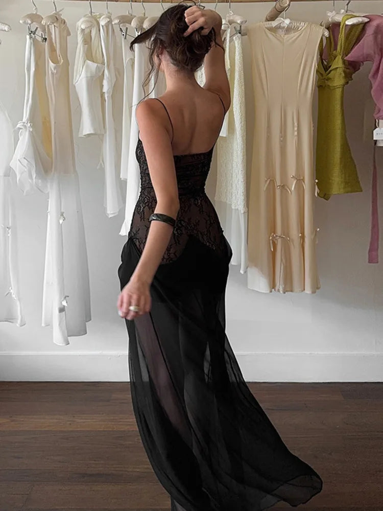 Lace Spaghetti Strap Sexy Maxi Dress Women Fashion Patchwork Sleeveless Backless See Through Club Party Long Dress voguable
