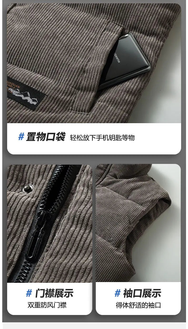 Vests Jacket Men Autumn Winter Stand Collar Warm Sleeveless Leisure Down Cotton-Padded Vest Coat Thickened Corduroy Warm Coat voguable