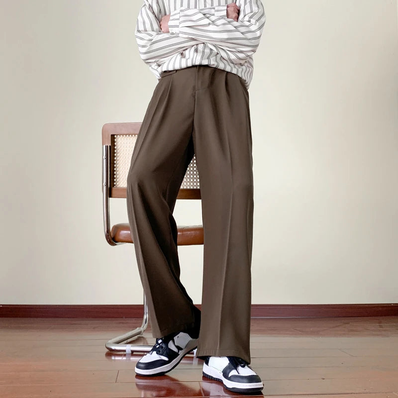 Japanese Vintage Drape Pants Men Spring Summer Korean Coffee Color Suit Pants Loose Straight Casual Pants Button Trousers S-3XL voguable