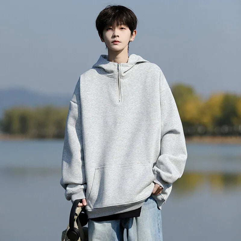 Spring Casual Hoodie Mens Half Zip Pullover Pure Color Streetwear Oversize Comfort Loose Fit Trending Hooded Sweatshirt voguable