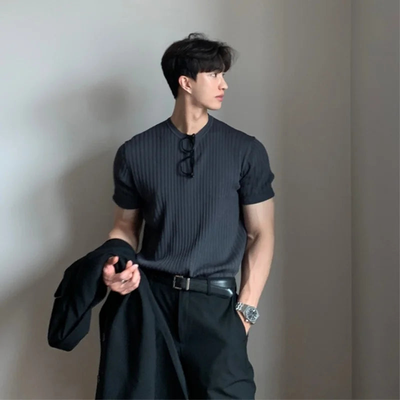 Summer Knitted T-shirt Men Elastic Slim Fit Fashion Casual Short Sleeve T Shirt Men Korean Round Neck Knit Tshirt Mens Tops voguable