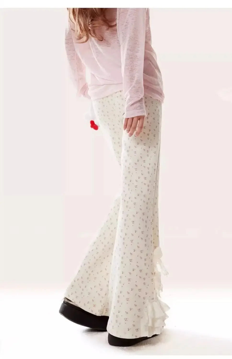 Bow Lace Floral Trousers for Women in Spring and Autumn New Casual Trousers Slim Pants for Daily Korean voguable