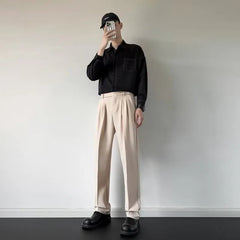 Men's Luxury Fitting Well Draped Baggy Suit Pants Casual Button Solid Color Straight Premium Dress Pants Urban Business Trousers voguable