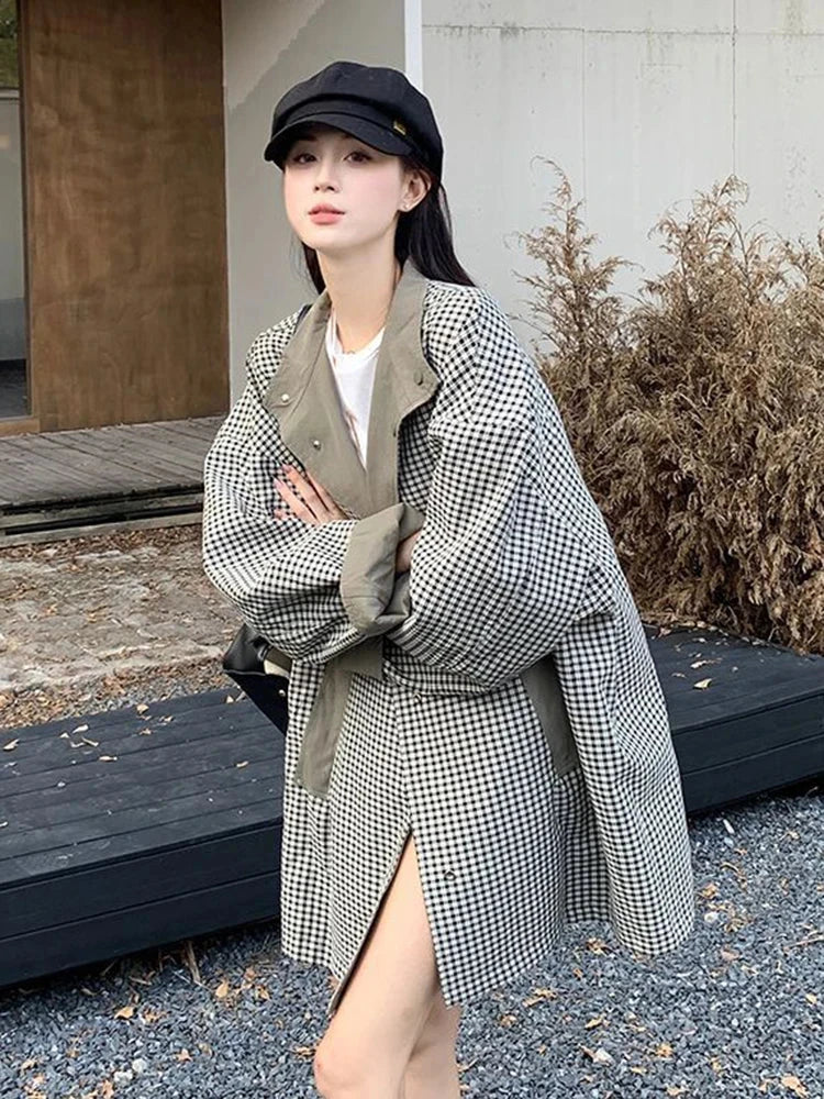 Korean Chic Elegant Jacket Women Loose Design Double Sided Wear Plaid Coat Fall Fashion Long Sleeve Sweet Pockets Outwear voguable