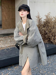 Korean Chic Elegant Jacket Women Loose Design Double Sided Wear Plaid Coat Fall Fashion Long Sleeve Sweet Pockets Outwear voguable