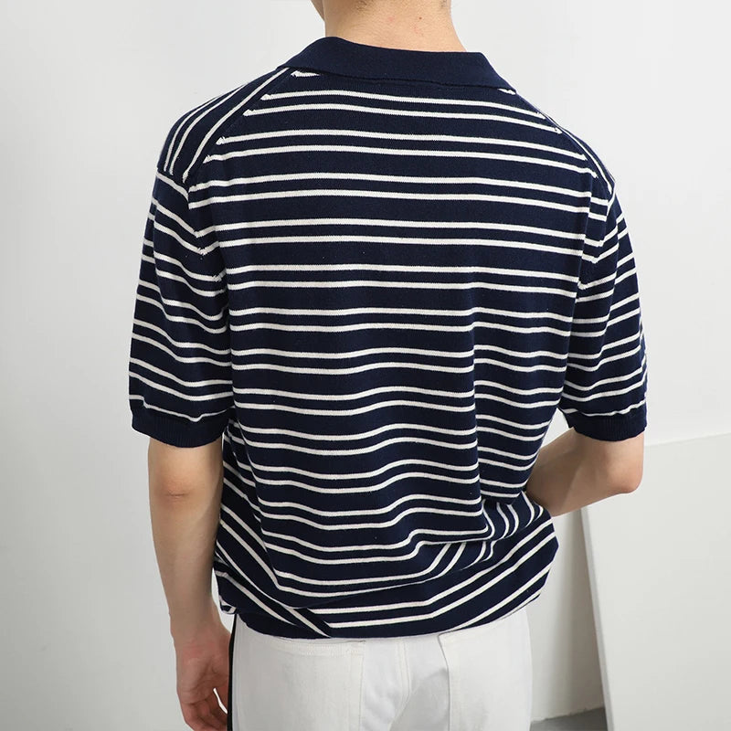 Summer Men's Clothing Light Luxury Knitted Polo Shirt Leisure Striped V-Neck Solid Color Short Sleeve Fashion Retro Knitwear voguable