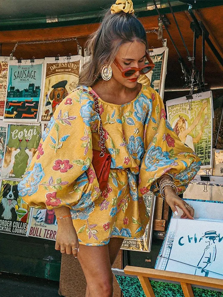 Elegant Printed Women's Jacquard Waist Dress Fashion O Neck Lantern Sleeve Short Vestidos Autumn Lady Party Chic Streetwear voguable