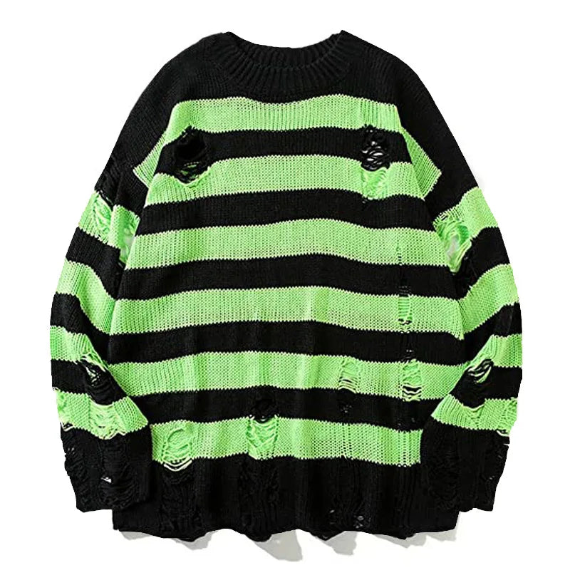 Black Stripe Sweaters Destroyed Ripped Sweater Men Pullover Hole Knit Jumpers Men Oversized Sweatshirt Harajuku Long Sleeve Tops voguable