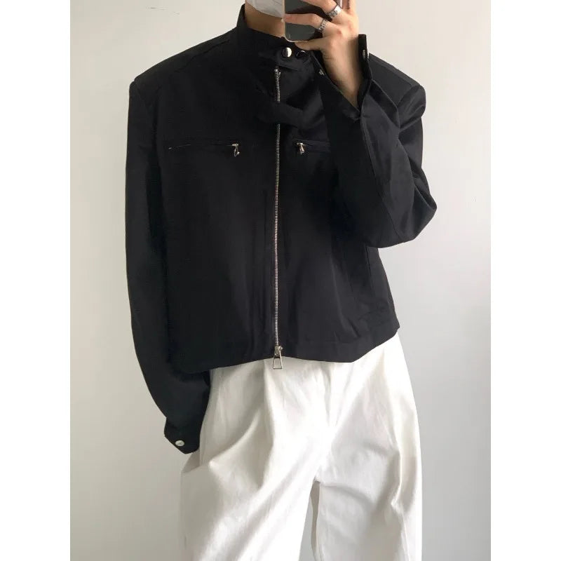 Autumn New short Bomber Jacket Men Korean Fashion High-end Retro Zipper Stand Collar Loose Shoulder Pads Jackets for Men voguable