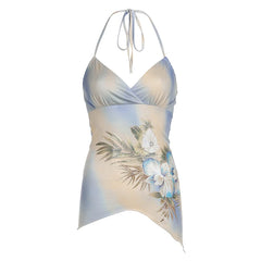 Voguable Boho Aesthetic Tie-dye Flower Print Cami Women Fairycore Criss-cross Milkmaid Spaghetti Straps Corset Asymmetrical Tops voguable