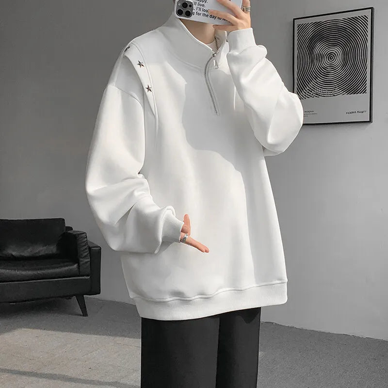 Men hoodie  Stand Collar Half Zip Sweatshirt Star Shoulder Design 2025 New Fashion Casual Streetwear Comfort Athletic Pullover voguable