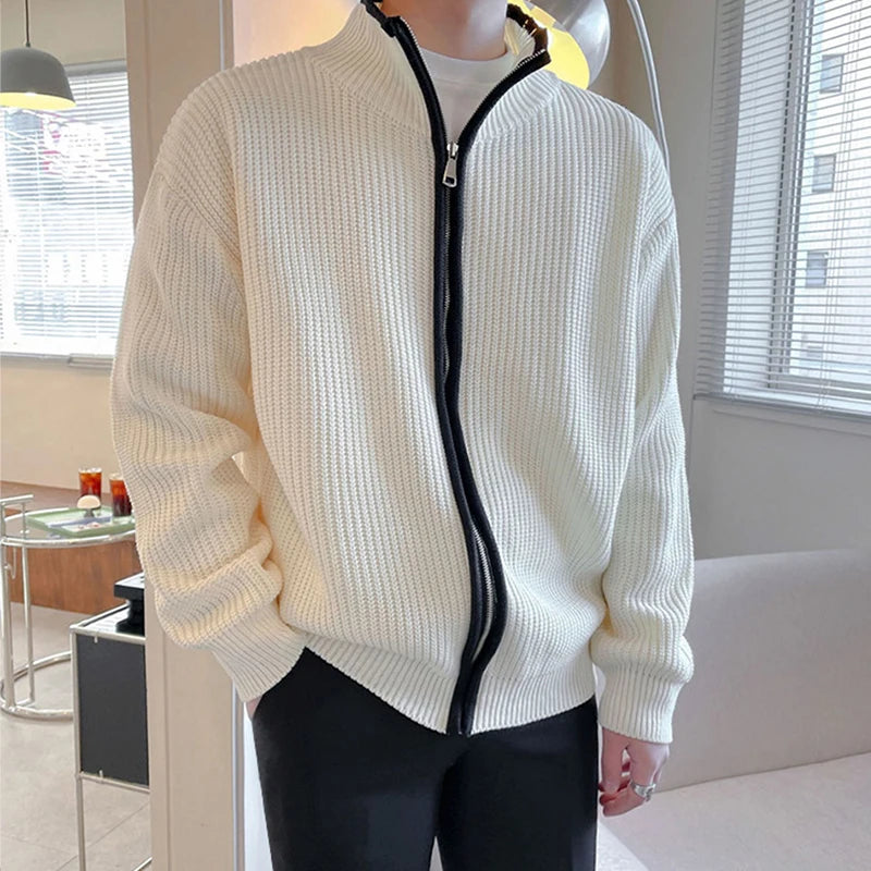 Winter Men's Luxury Knitted Zipper Cardigan Sweater Stand Collar Solid Color Long Sleeve Casual Streetwear Loose Coat voguable