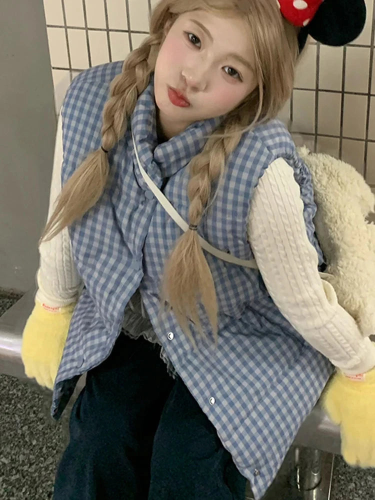 Cute Blue Plaid Puffy Vest Women Loose Vintage Sleeveless Warm Thick Winter Sweet Vest Coat Korean Preppy Style Outwear Top voguable