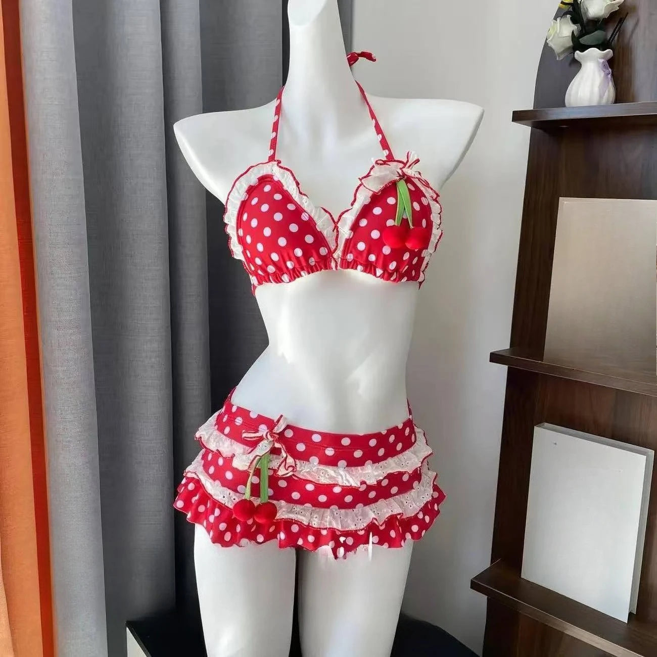 Voguable  Japanese Style Kawaii Girls Swimsuit Sweet Printed Halter Bikini Swimsuit Women Ruffle Bikini Set Bather Bathing Suit Swim voguable