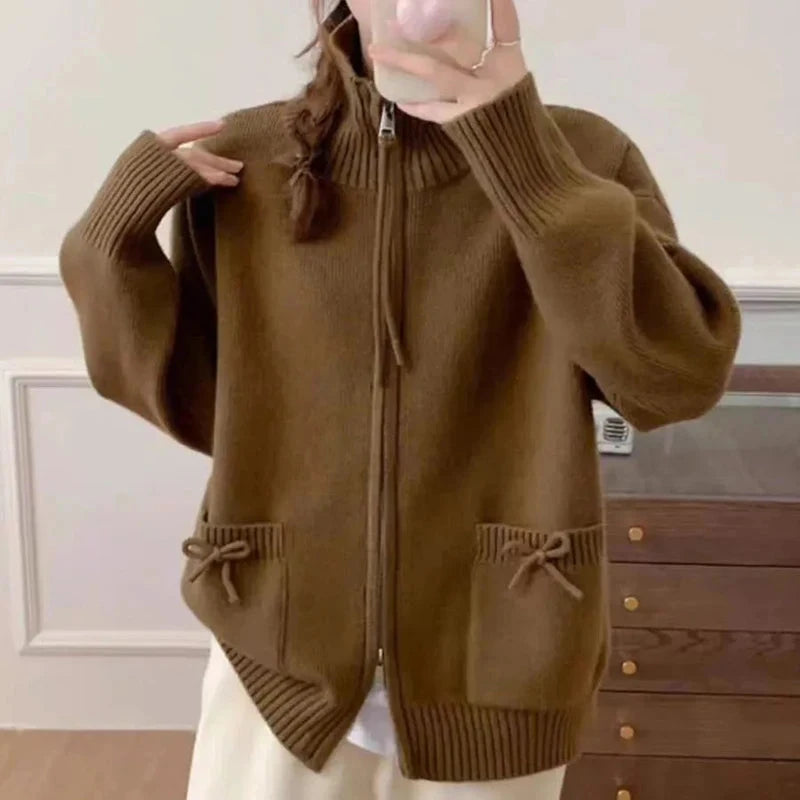 Korean Bow Cardigan Women Lazy Wind Double Zipper Long Sleeve Knitted Jacket Vintage Sweet Casual Preppy Style Tops Coat voguable