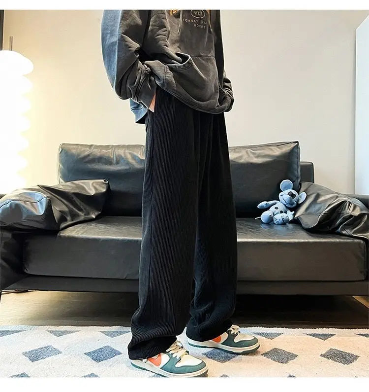 Autumn Corduroy Straight Trousers Men Loose Solid Casual Drape Trousers Harajuku Fashion Drawstring Street Wide Leg Sweatpant voguable