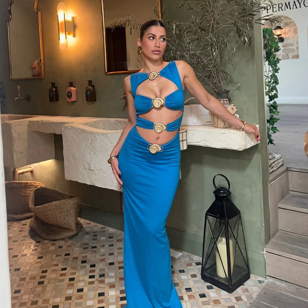 2Pieces Hollow Swimsuit With Long Skirt Women Sexy Swimwear Female Bikini Shiny Button Swim Suit White Bodysuit Beachwear Outfit voguable