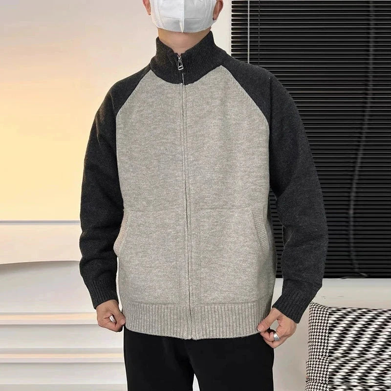 Autumn Men's Zipper Cardigan Jacket Casual Patchwork Stand Collar Long Sleeve Sweater Korean Premium Quality Knitted Outerwear voguable