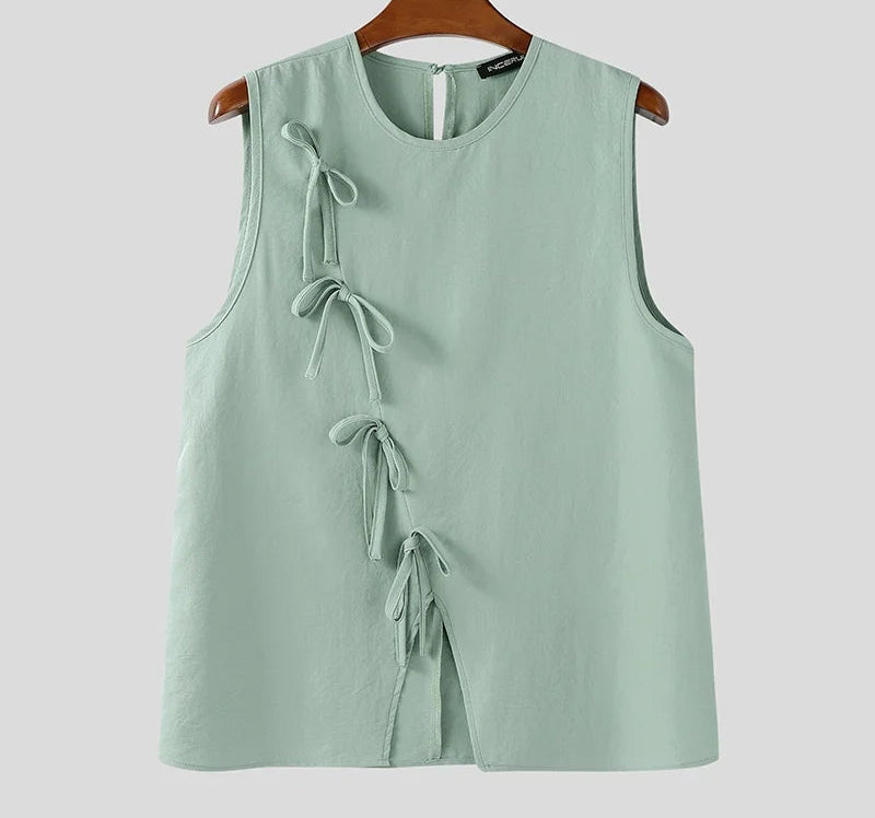 Summer Sleeveless Men Tanks Tops Bow Solid Color O Neck Tops Tee Male Vests Fashion Oversize Streetwear Slit Tops S-5XL voguable