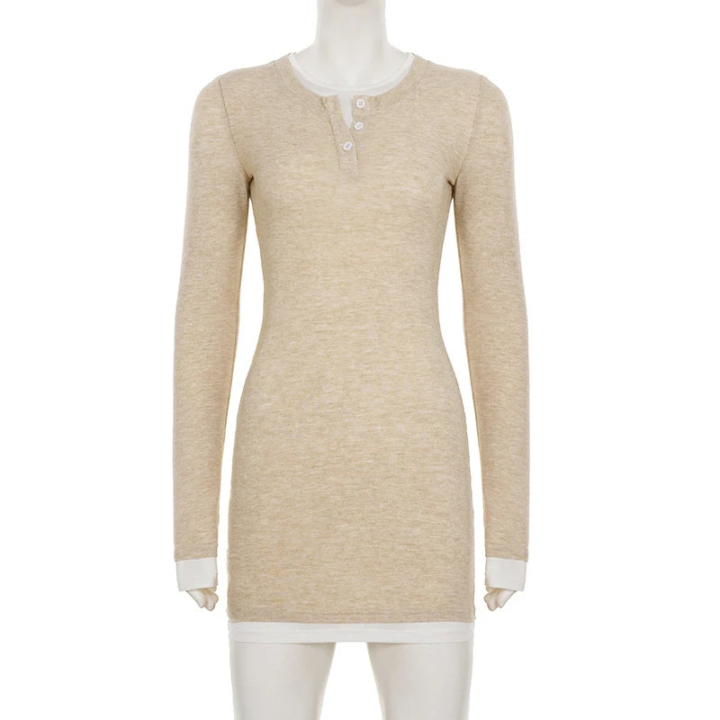 Voguable  Long Sleeve Splicing Solid Women O Neck Tight Bodycon Ladies Short Dresses Knitted Stretchy High Waist Vestidos voguable