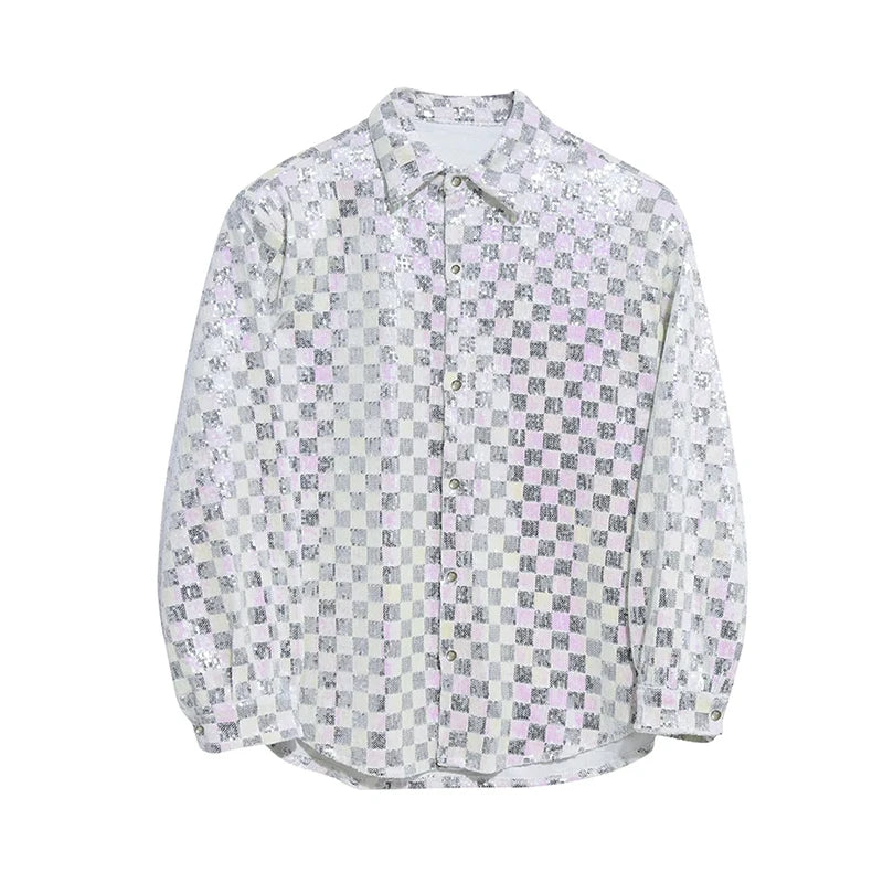 Voguable Reflect Light Plaid Design Elegant Long Sleeve Shirts Korean Fashion Men's Casual Tops 2024 Spring Trendy Clothes voguable