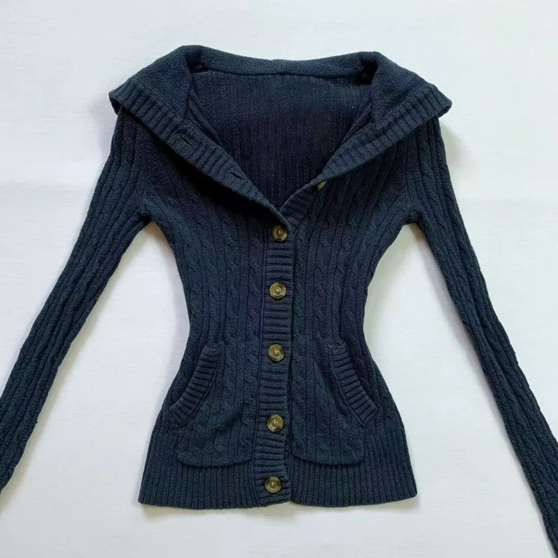 American Navy Blue Knitted Hooded Cardigan Y2K Fashion Slim Casual Buttons Sweater Jacket Female Long Sleeve All-Match Sweaters voguable