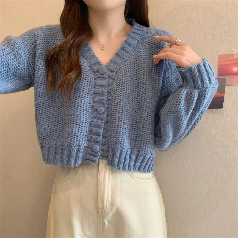 Sexy Cropped Sweet Cardigan Women V Neck Vintage Slim Long Sleeve Knitted Sweaters Korean Causal Simple Solid Lady Fall Tops New voguable