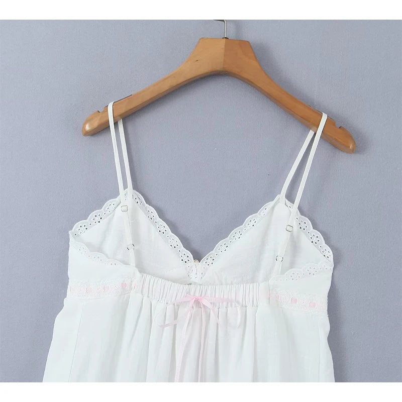 Voguable  New  Women Lace Trim V Neck White Sling Mini Dress Sexy Backless Bow Female Holiday Party Summer Dresses Skater Robe voguable