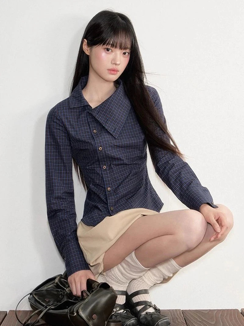 Vintage Slim Plaid Shirt Women Elegant Fall Long Sleeve Design Blouse Casual Preppy Style Female Retro Korean Sweet Tops voguable