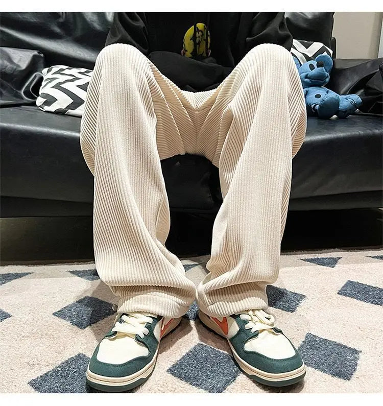 Autumn Corduroy Straight Trousers Men Loose Solid Casual Drape Trousers Harajuku Fashion Drawstring Street Wide Leg Sweatpant voguable