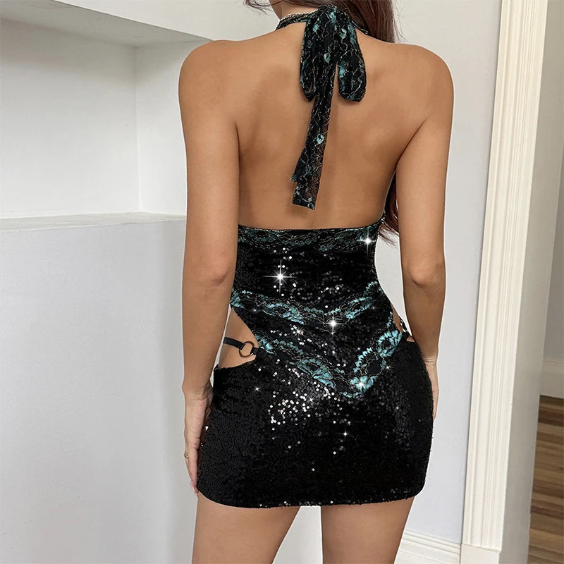 Voguable  Deep V Neck Open Back Mini Bodycon Dress Sleeveless Embroidery Patchwork Sequins Halter Skinny Package Hip Lady Night Club Robes voguable