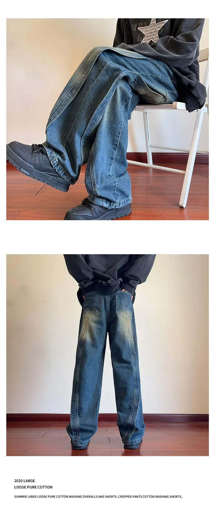Destroyed Stitching Jeans Men's Blue Washed Jeans Gothic Style Street Trend Clothing Retro Loose Wide Leg Pants straight jeans voguable